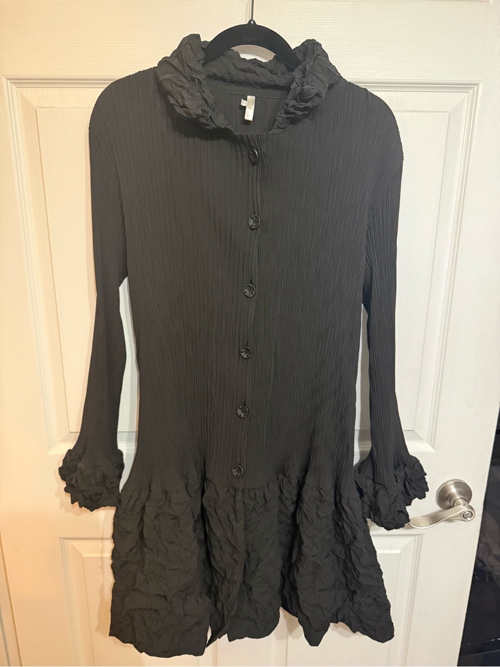 Black Textured Button-Front Dress